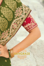Olive Green Pure Silk Designer Embroidered Saree with Heavy Blouse & Pallu Work