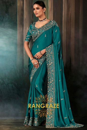 Teal Green Designer Embroidered Saree with Heavy Blouse & Pallu Work