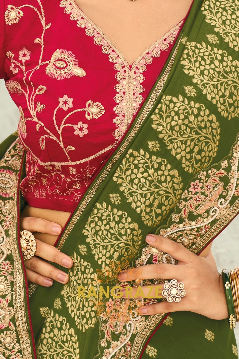 Olive Green Pure Silk Designer Embroidered Saree with Heavy Blouse & Pallu Work