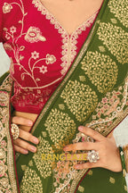 Olive Green Pure Silk Designer Embroidered Saree with Heavy Blouse & Pallu Work