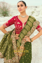 Olive Green Pure Silk Designer Embroidered Saree with Heavy Blouse & Pallu Work