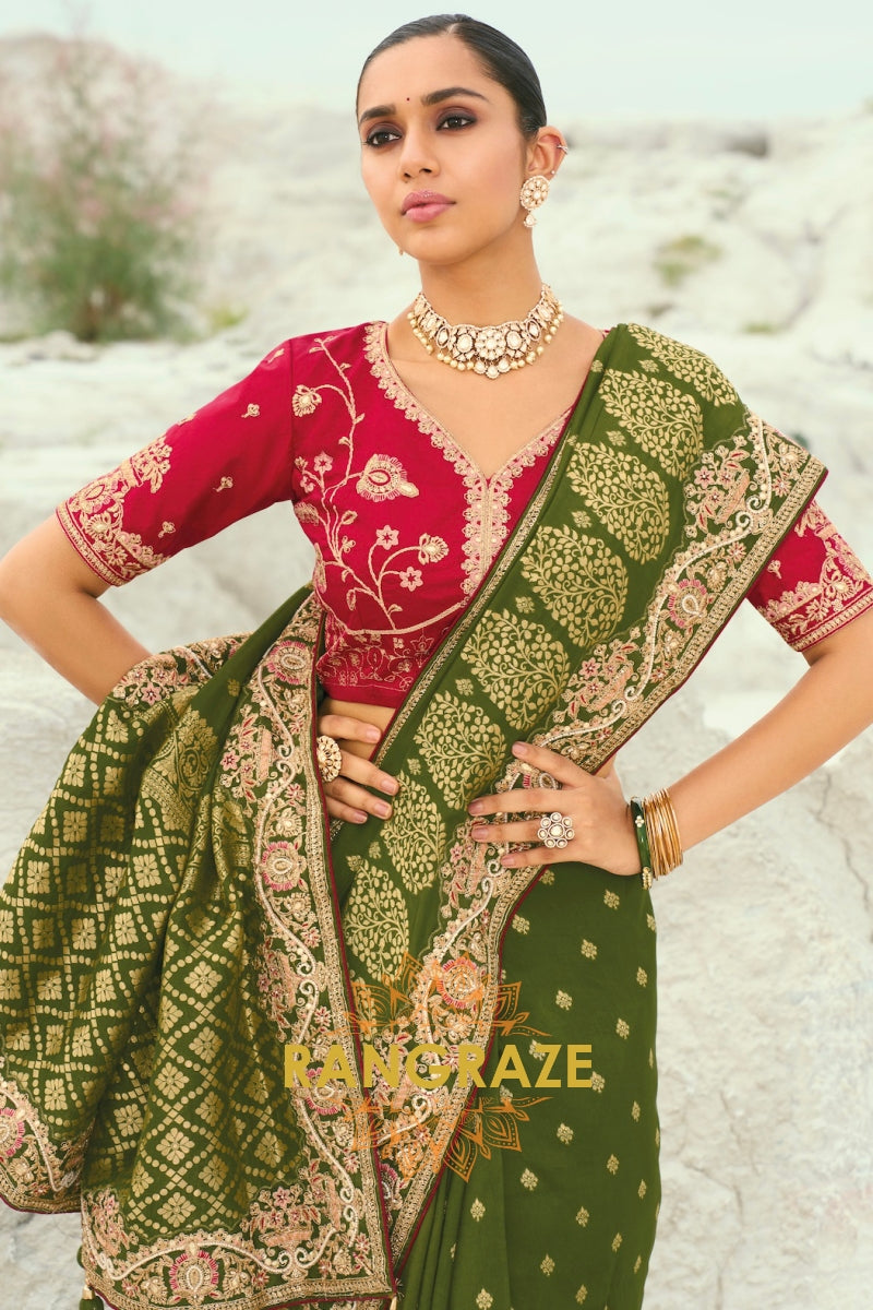 Olive Green Pure Silk Designer Embroidered Saree with Heavy Blouse & Pallu Work
