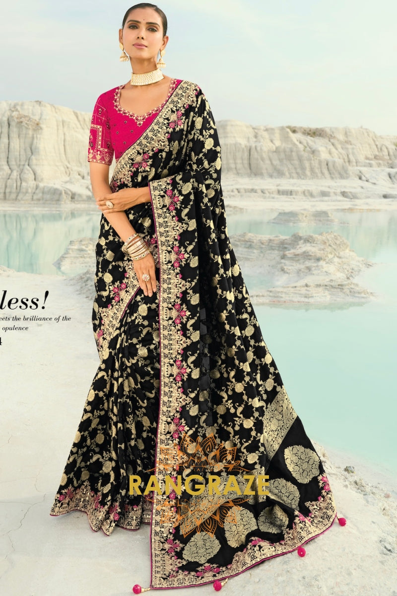 Black Pure Silk Designer Embroidered Saree with Heavy Blouse & Pallu Work