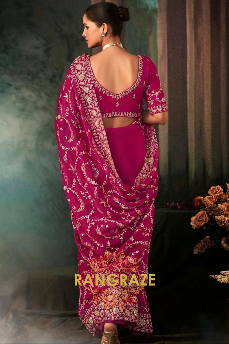 Magenta Designer Embroidered Saree with Heavy Blouse & Pallu Work