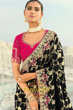 Black Pure Silk Designer Embroidered Saree with Heavy Blouse & Pallu Work