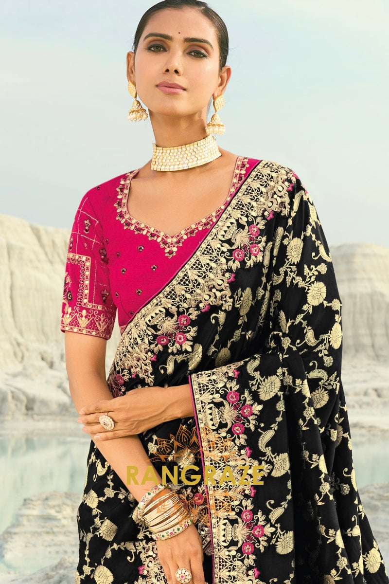 Black Pure Silk Designer Embroidered Saree with Heavy Blouse & Pallu Work