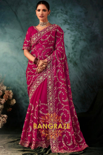 Magenta Designer Embroidered Saree with Heavy Blouse & Pallu Work