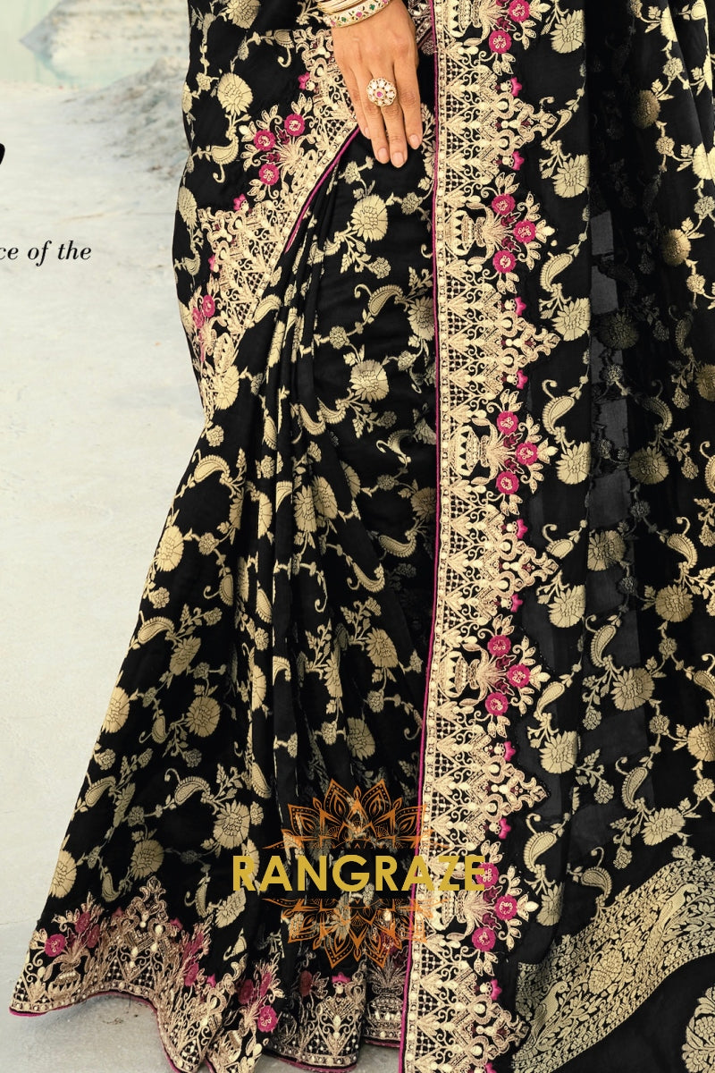 Black Pure Silk Designer Embroidered Saree with Heavy Blouse & Pallu Work