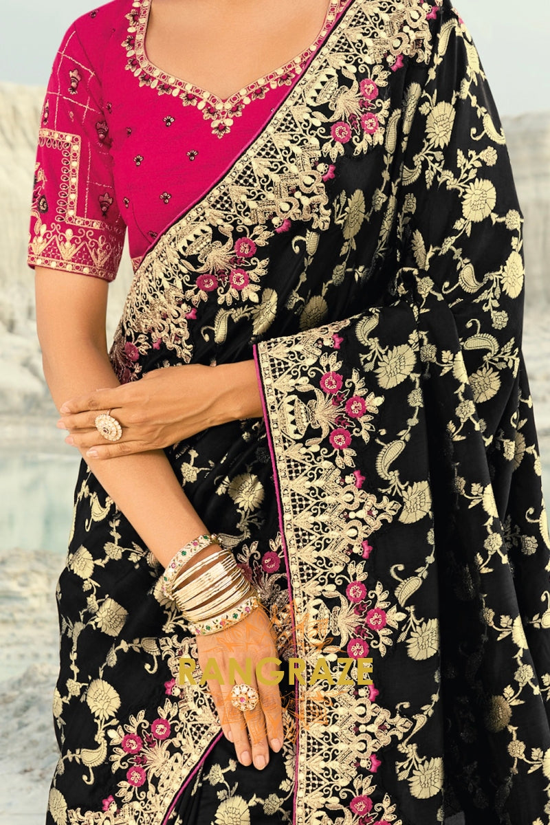 Black Pure Silk Designer Embroidered Saree with Heavy Blouse & Pallu Work