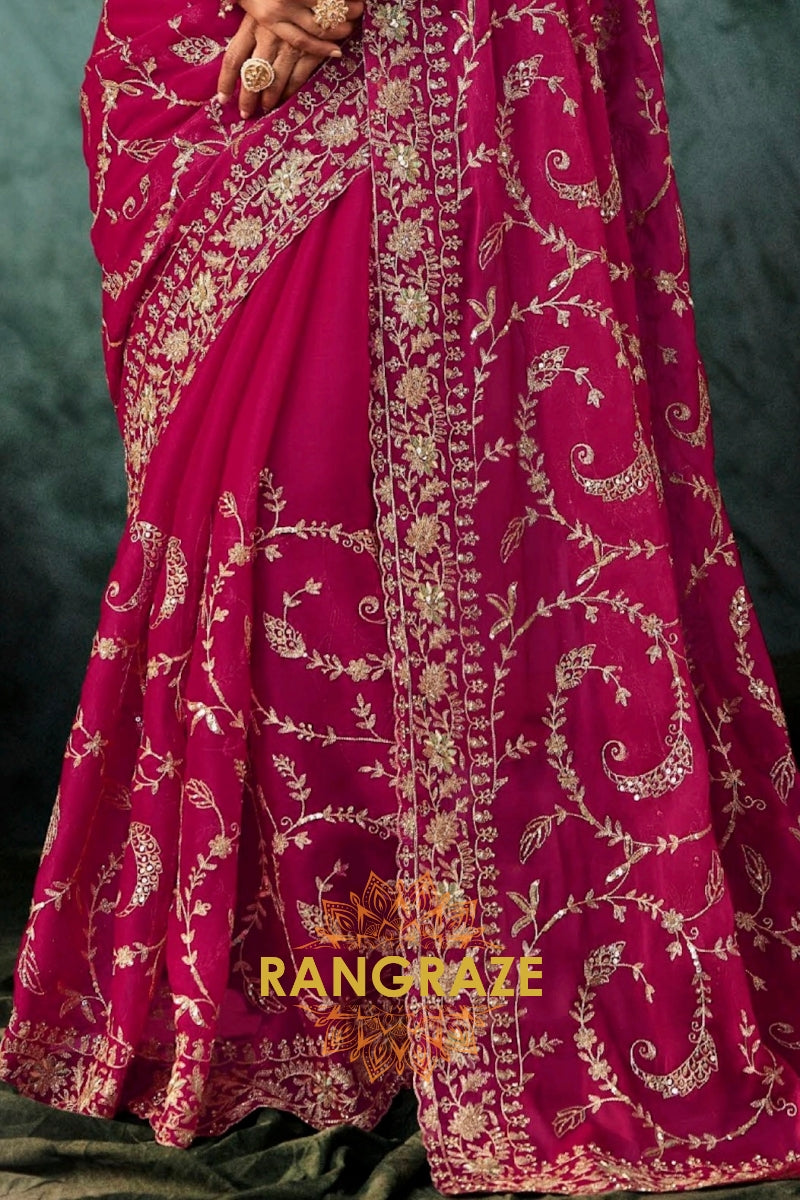 Magenta Designer Embroidered Saree with Heavy Blouse & Pallu Work