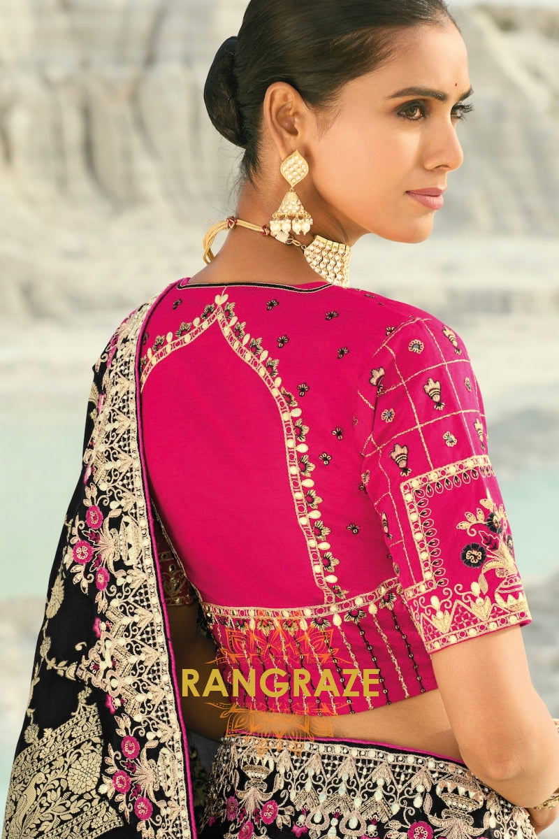 Black Pure Silk Designer Embroidered Saree with Heavy Blouse & Pallu Work