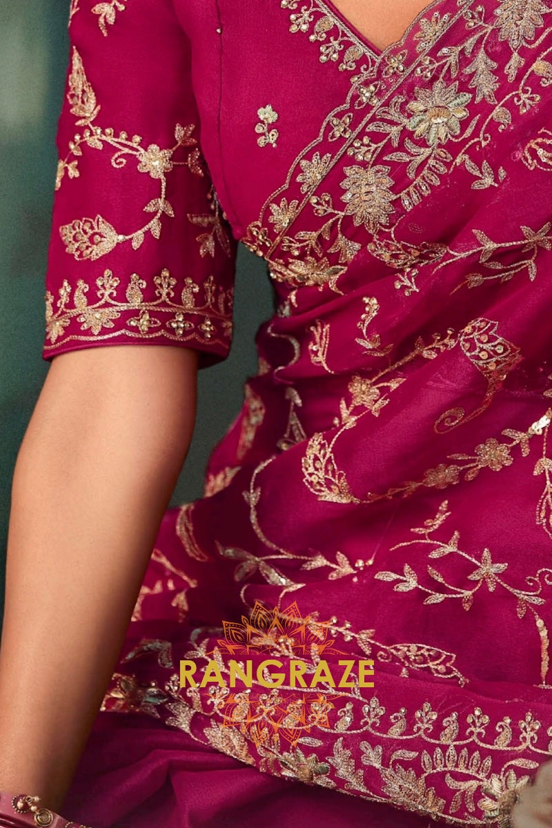 Magenta Designer Embroidered Saree with Heavy Blouse & Pallu Work