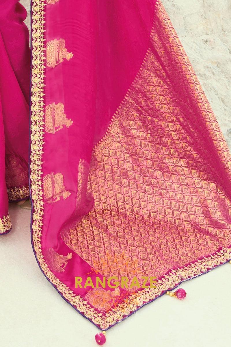 Rani Pink Designer Embroidered Saree with Heavy Blouse & Pallu Work