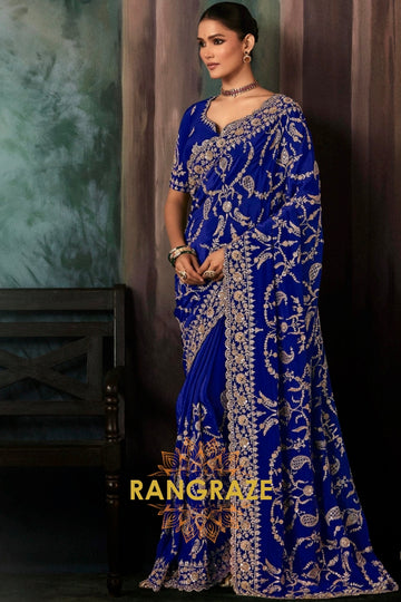 Royal Blue Designer Embroidered Saree with Heavy Blouse & Pallu Work