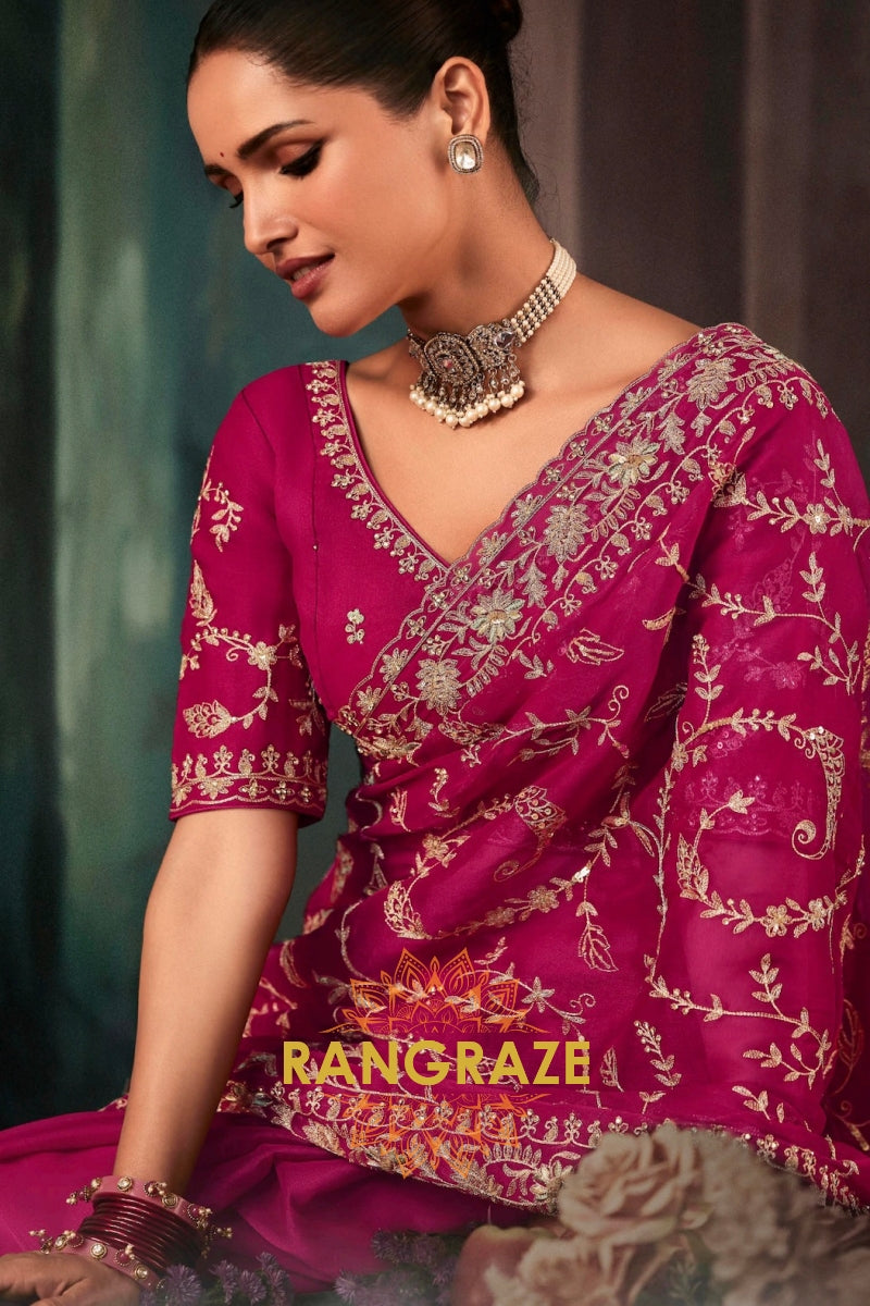 Magenta Designer Embroidered Saree with Heavy Blouse & Pallu Work