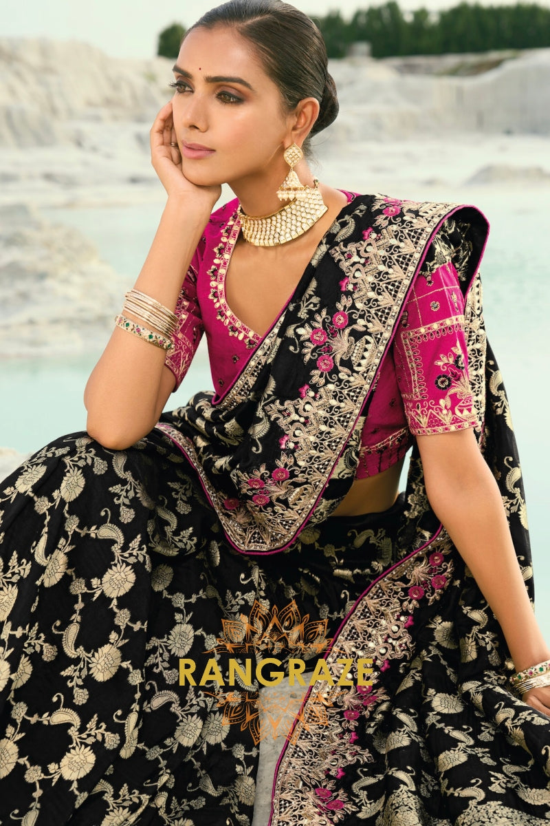 Black Pure Silk Designer Embroidered Saree with Heavy Blouse & Pallu Work