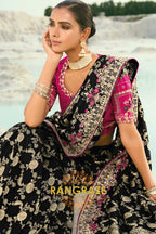 Black Pure Silk Designer Embroidered Saree with Heavy Blouse & Pallu Work