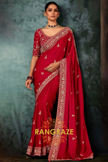 Crimson Red Designer Embroidered Saree with Heavy Blouse & Pallu Work