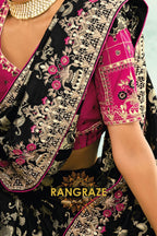 Black Pure Silk Designer Embroidered Saree with Heavy Blouse & Pallu Work