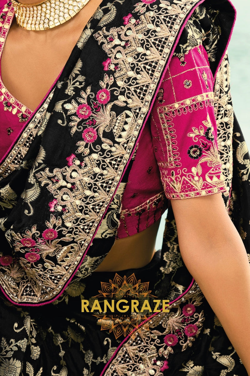 Black Pure Silk Designer Embroidered Saree with Heavy Blouse & Pallu Work