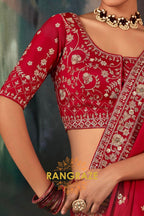 Crimson Red Designer Embroidered Saree with Heavy Blouse & Pallu Work