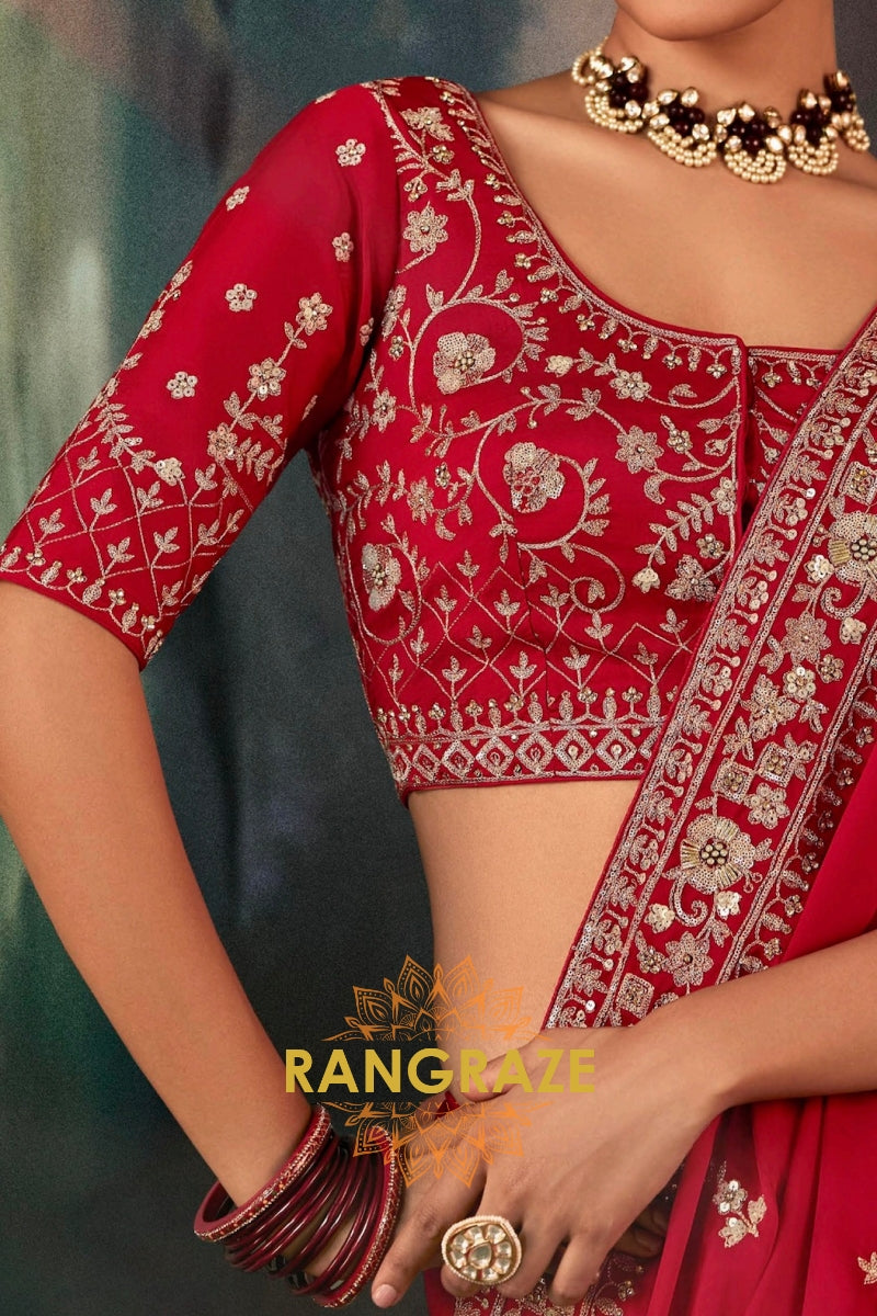 Crimson Red Designer Embroidered Saree with Heavy Blouse & Pallu Work