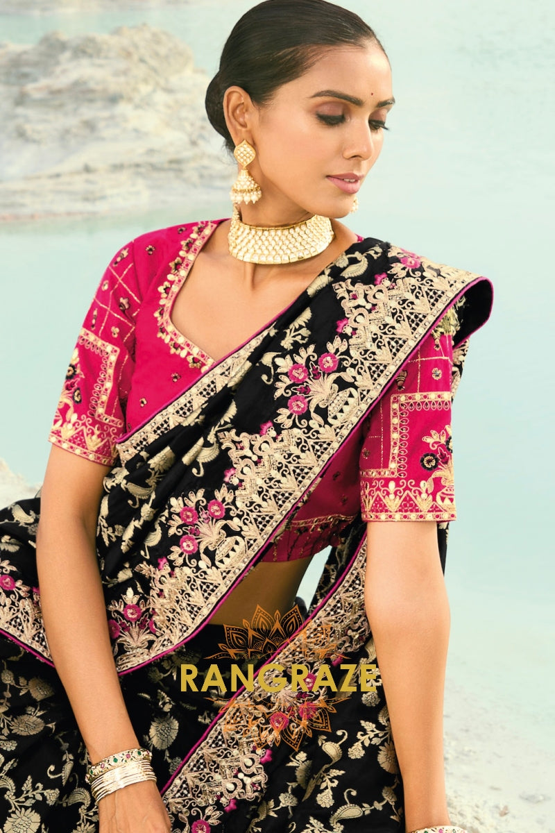 Black Pure Silk Designer Embroidered Saree with Heavy Blouse & Pallu Work