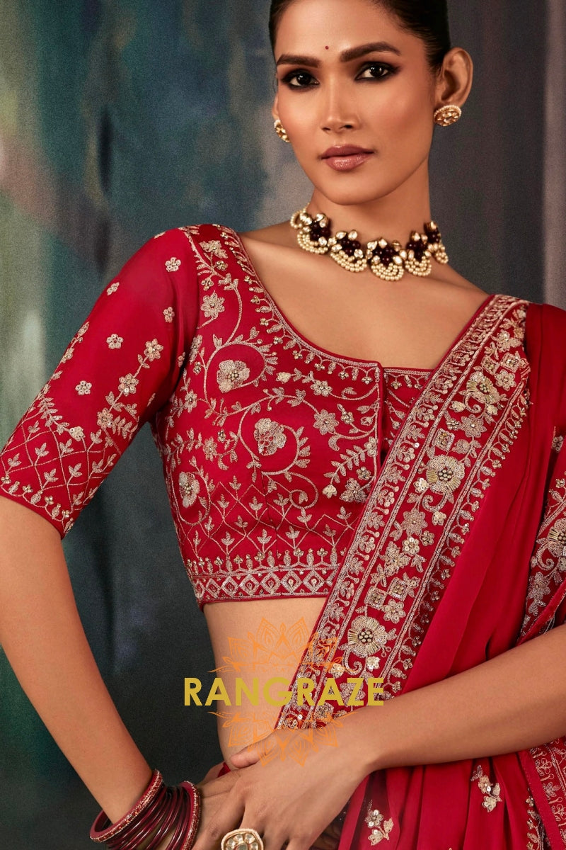 Crimson Red Designer Embroidered Saree with Heavy Blouse & Pallu Work