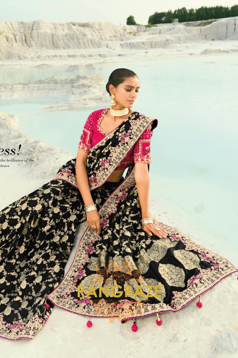 Black Pure Silk Designer Embroidered Saree with Heavy Blouse & Pallu Work