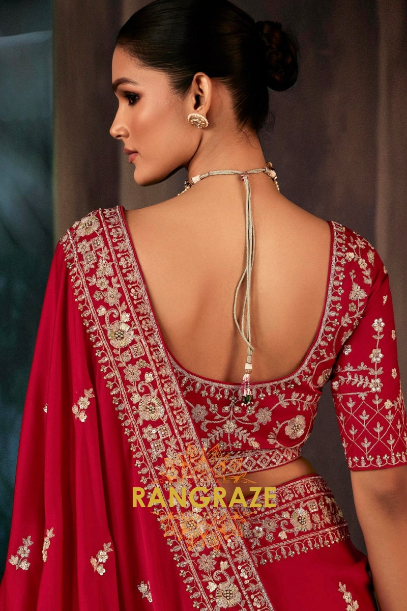 Crimson Red Designer Embroidered Saree with Heavy Blouse & Pallu Work