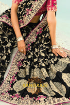 Black Pure Silk Designer Embroidered Saree with Heavy Blouse & Pallu Work
