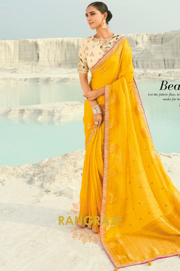 Yellow Pure Silk Designer Embroidered Saree with Heavy Blouse & Pallu Work
