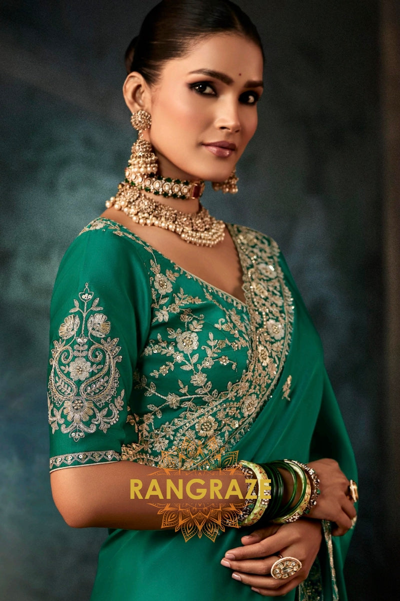 Emerald Green Designer Embroidered Saree with Heavy Blouse & Pallu Work