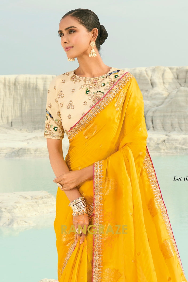 Yellow Pure Silk Designer Embroidered Saree with Heavy Blouse & Pallu Work