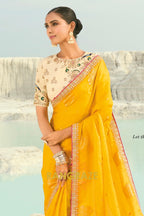 Yellow Pure Silk Designer Embroidered Saree with Heavy Blouse & Pallu Work