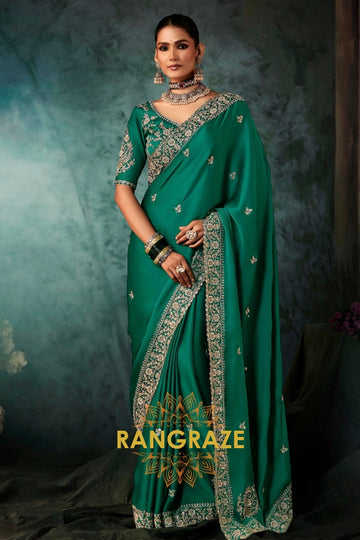 Emerald Green Designer Embroidered Saree with Heavy Blouse & Pallu Work