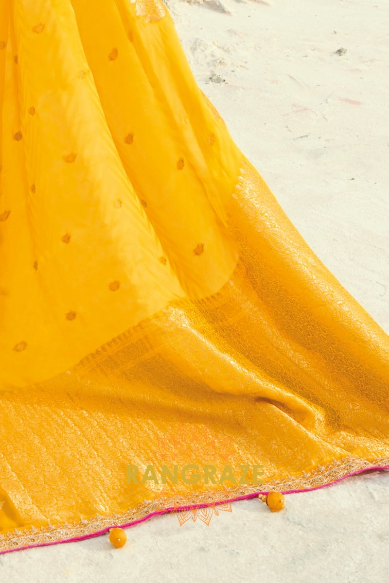 Yellow Pure Silk Designer Embroidered Saree with Heavy Blouse & Pallu Work