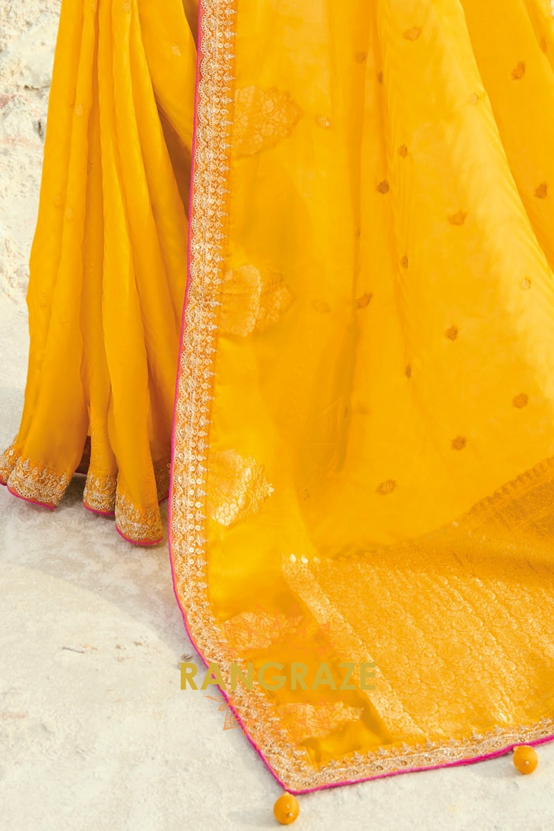Yellow Pure Silk Designer Embroidered Saree with Heavy Blouse & Pallu Work