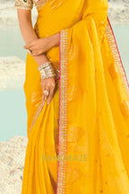 Yellow Pure Silk Designer Embroidered Saree with Heavy Blouse & Pallu Work