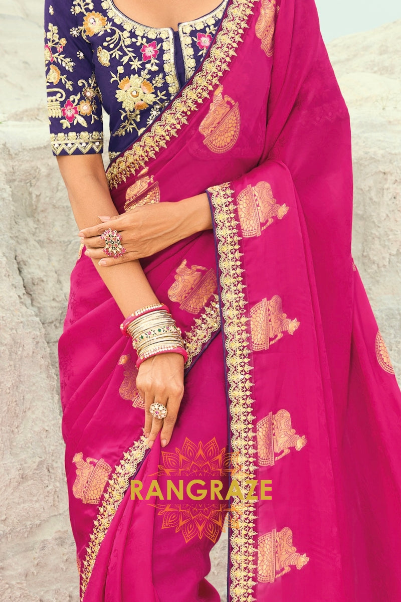 Rani Pink Designer Embroidered Saree with Heavy Blouse & Pallu Work