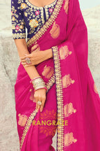 Rani Pink Designer Embroidered Saree with Heavy Blouse & Pallu Work