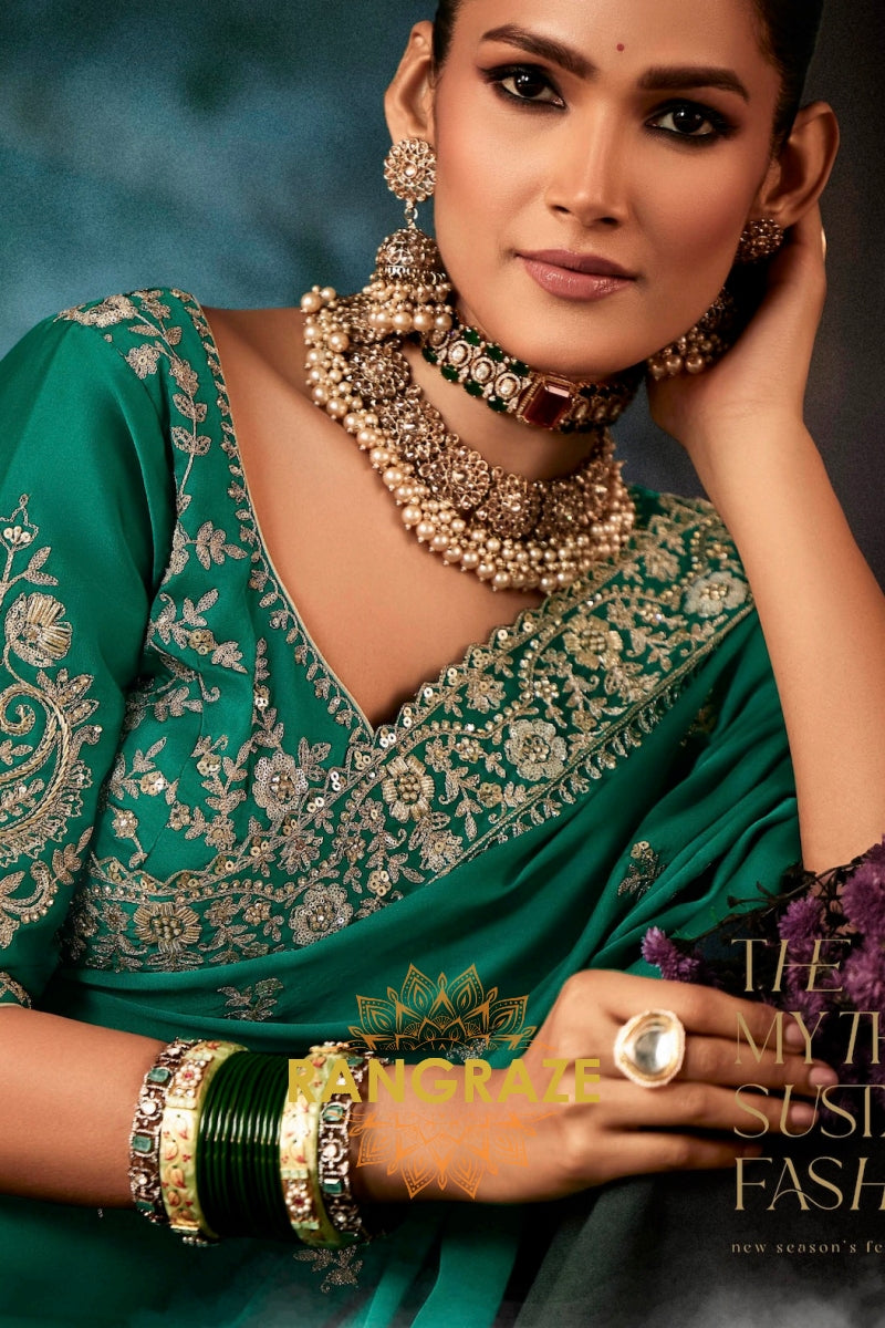 Emerald Green Designer Embroidered Saree with Heavy Blouse & Pallu Work