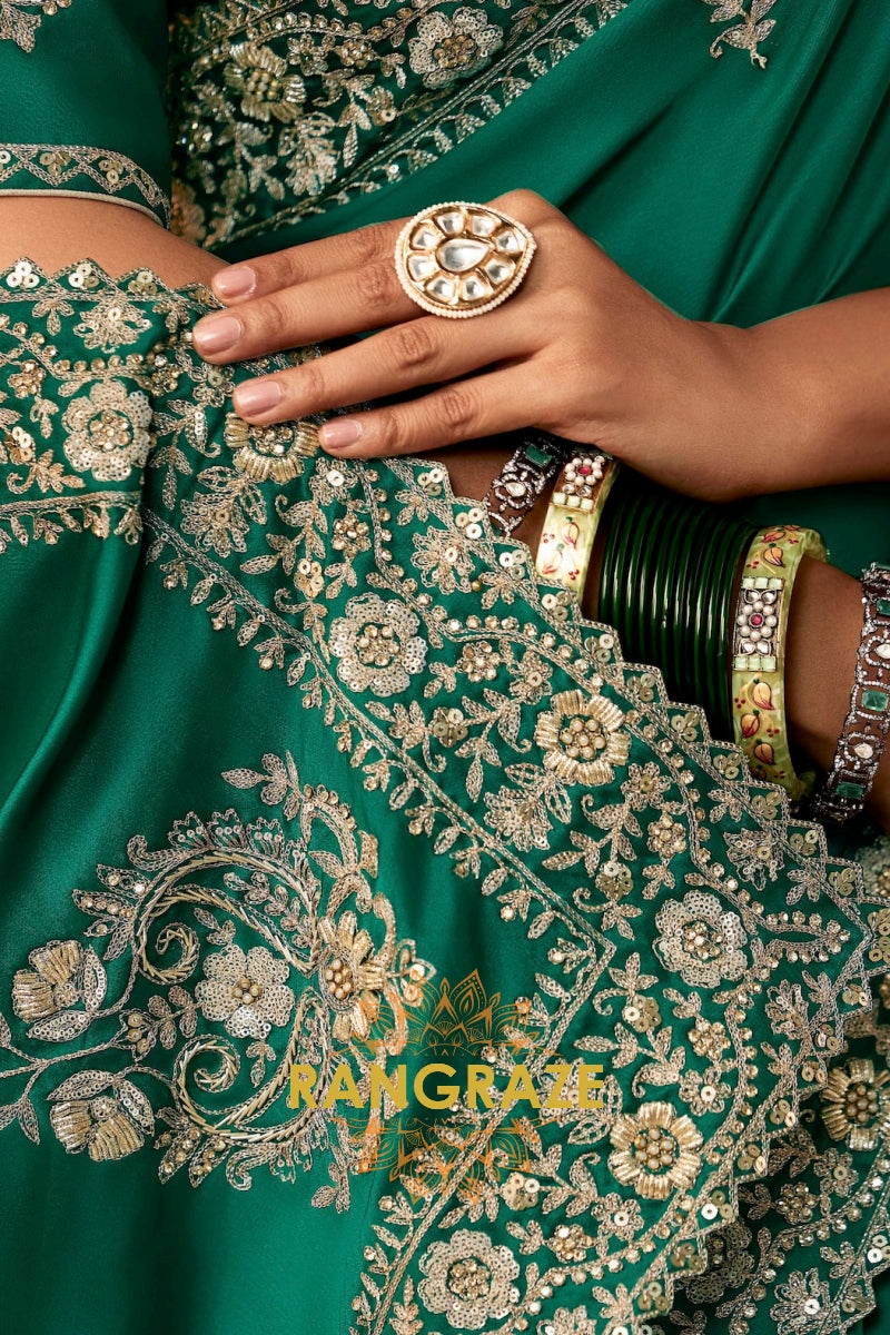 Emerald Green Designer Embroidered Saree with Heavy Blouse & Pallu Work