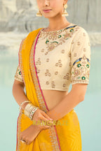 Yellow Pure Silk Designer Embroidered Saree with Heavy Blouse & Pallu Work