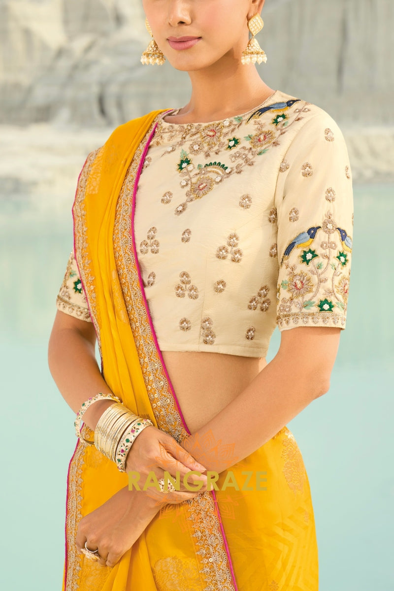Yellow Pure Silk Designer Embroidered Saree with Heavy Blouse & Pallu Work
