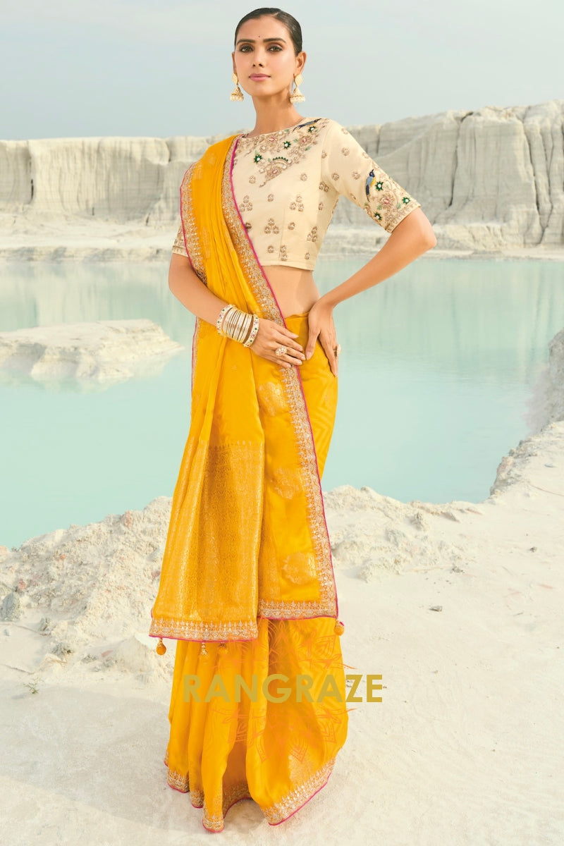 Yellow Pure Silk Designer Embroidered Saree with Heavy Blouse & Pallu Work