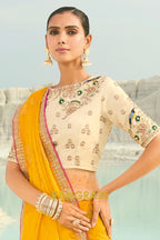 Yellow Pure Silk Designer Embroidered Saree with Heavy Blouse & Pallu Work