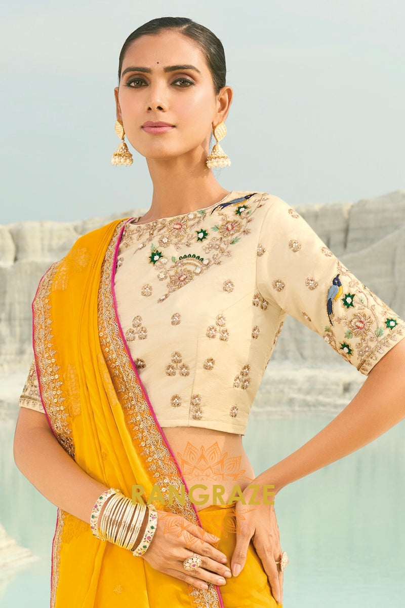 Yellow Pure Silk Designer Embroidered Saree with Heavy Blouse & Pallu Work