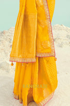 Yellow Pure Silk Designer Embroidered Saree with Heavy Blouse & Pallu Work