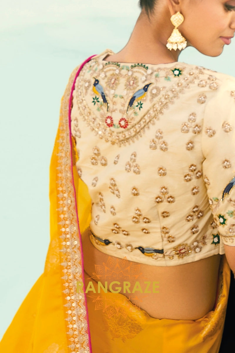 Yellow Pure Silk Designer Embroidered Saree with Heavy Blouse & Pallu Work